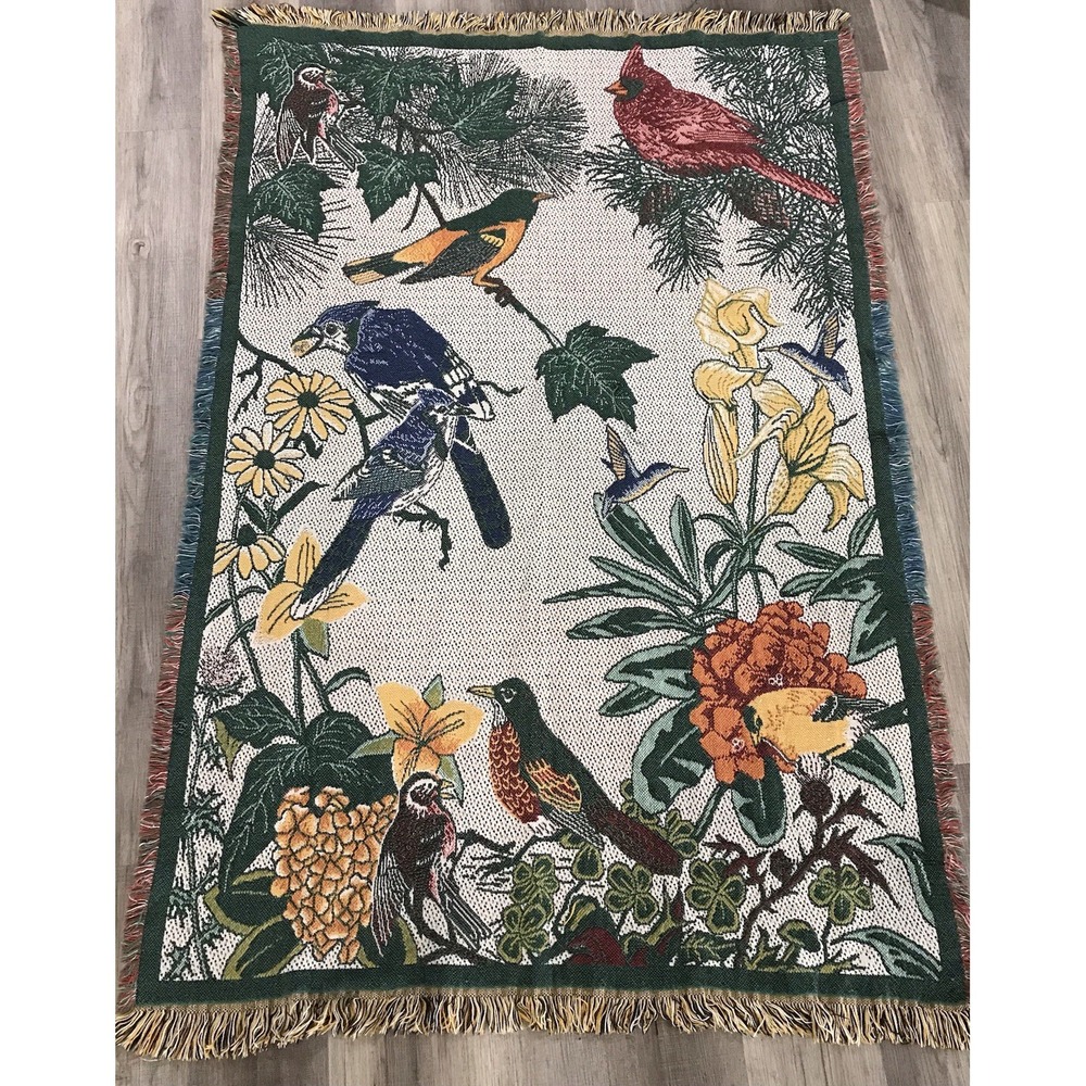 Vintage Bird Floral Tapestry Throw Blanket 68" × 45" Cardinal Blue Jay Afghan